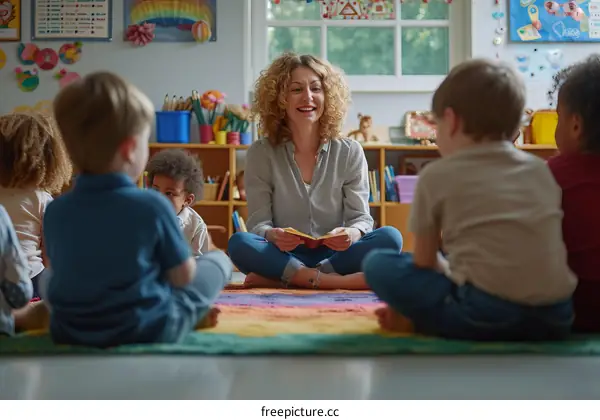 Early childhood education teacher reading a book to a group of preschool children