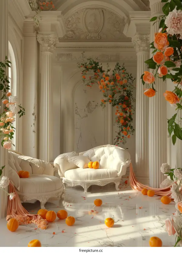 Elegant Interior Design with Floral Arrangements and Decorative Oranges