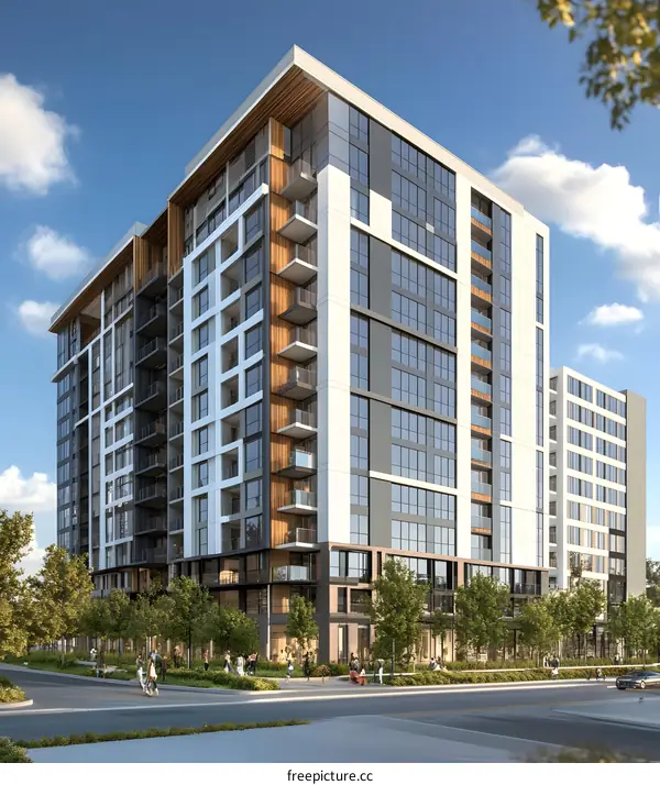 Modern Apartment Building with Outdoor Space and People