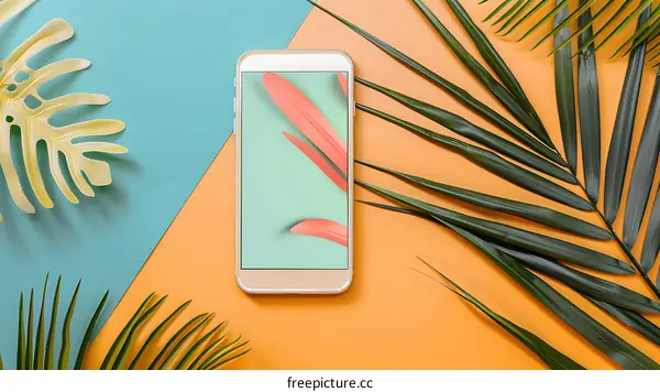 Minimalist Flat Lay with Smartphone, Green and Orange Background, Palm Leaves