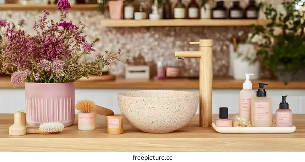 Bathroom Sink with Flowers and Bottles