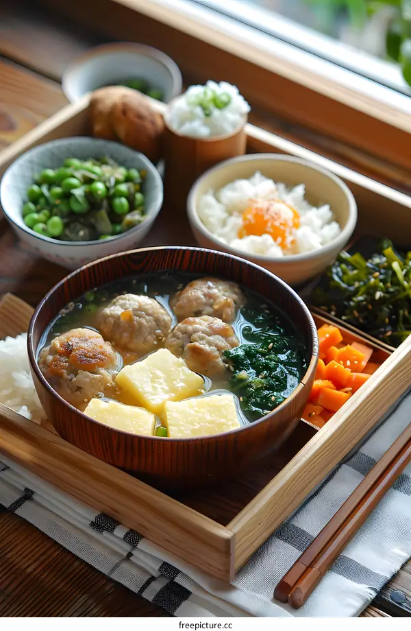 Japanese food bento with meatballs, tofu, rice, egg and vegetables
