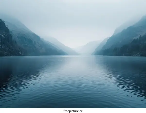 Mountains and lake in the fog