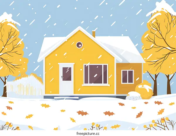 Yellow House in Winter Snowy Landscape