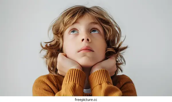 Young Boy with Curly Hair Looking Up
