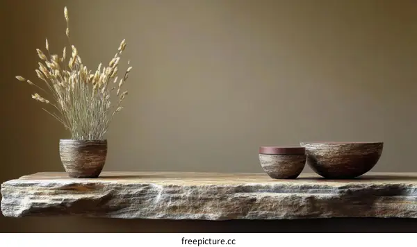 Rustic Stoneware Bowls and Dried Flowers Display