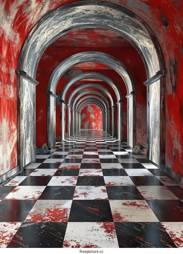 Red and White Checkerboard Tiled Floor with Red Walls and Arched Columns