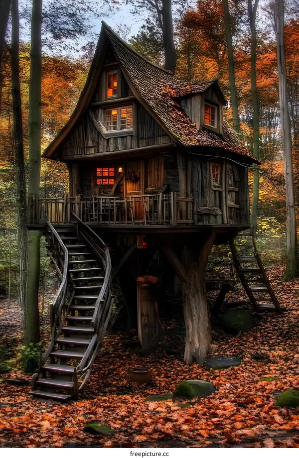 Cozy Treehouse In Autumn Forest