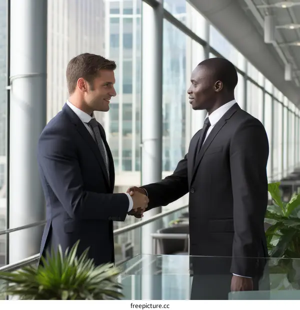 Two businessmen shaking hands in an office building