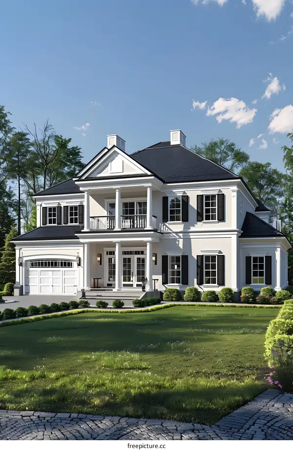 A large white house with a black roof and a large front yard