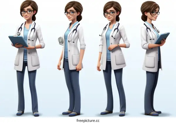 A female doctor in a white coat and stethoscope holds a clipboard