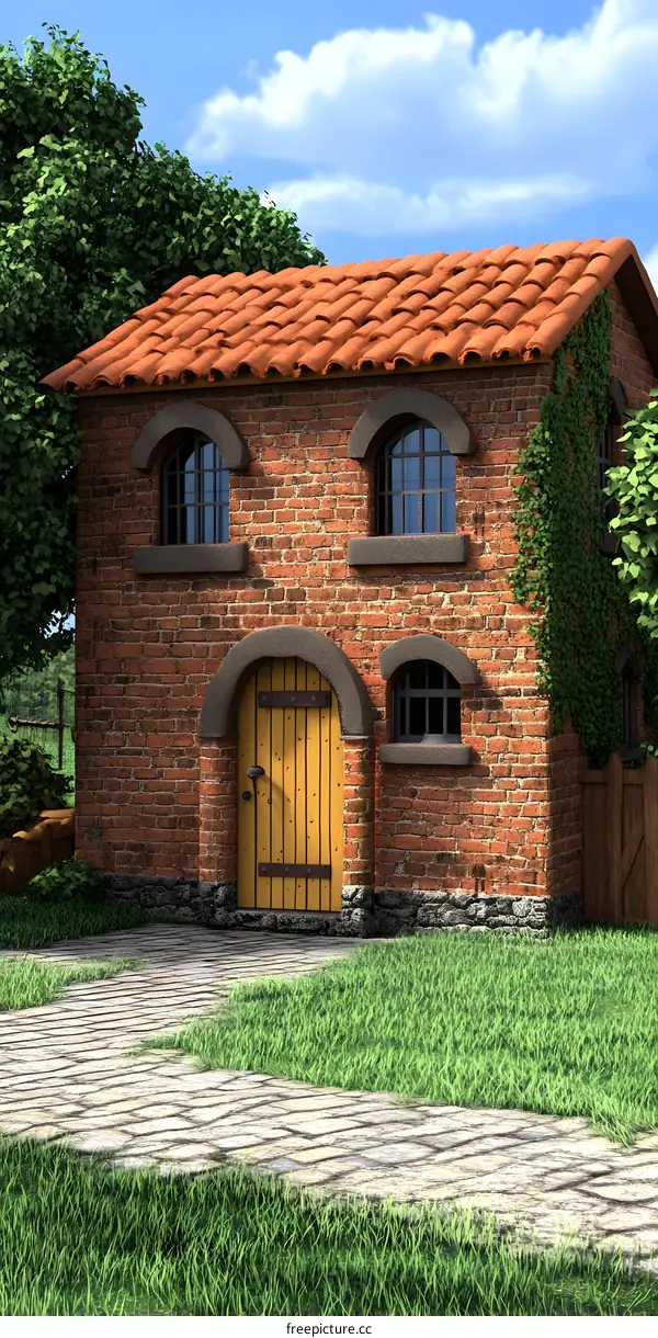 Brick House with a Yellow Door and Green Ivy