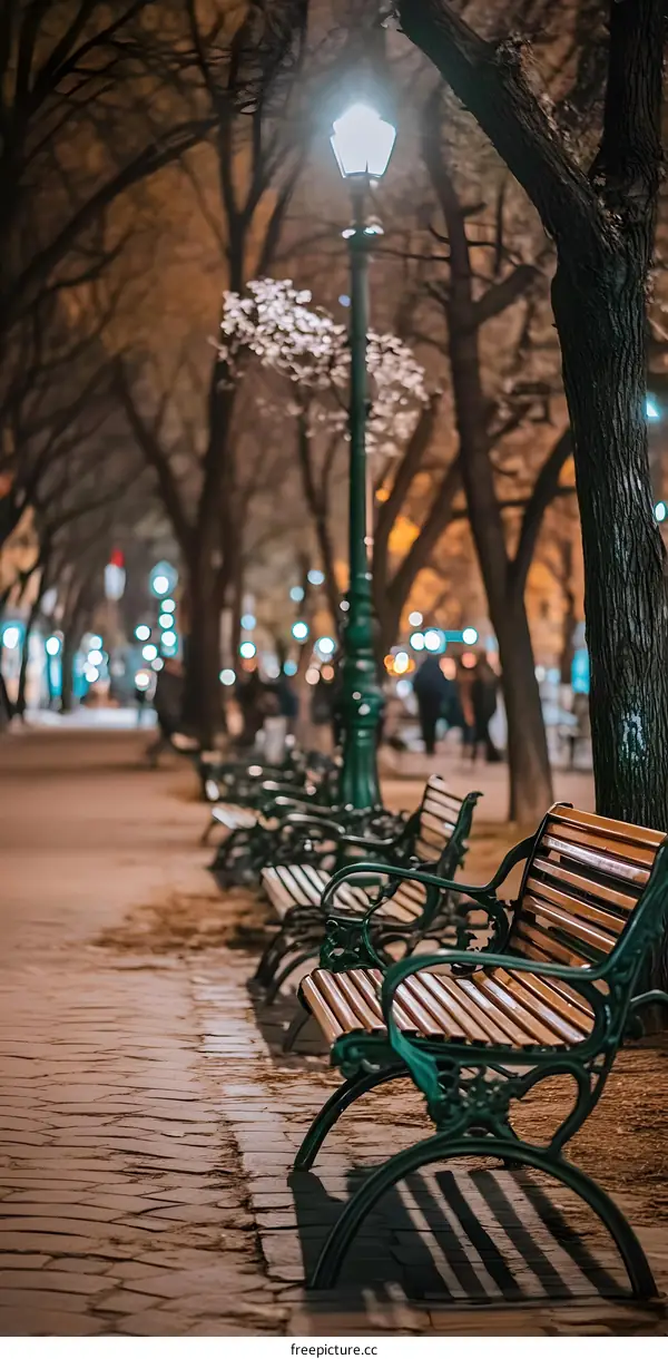 Night Time Walk in a Park with Benches and Streetlights