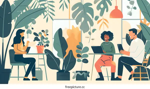 Three People Working in a Green and Modern Office