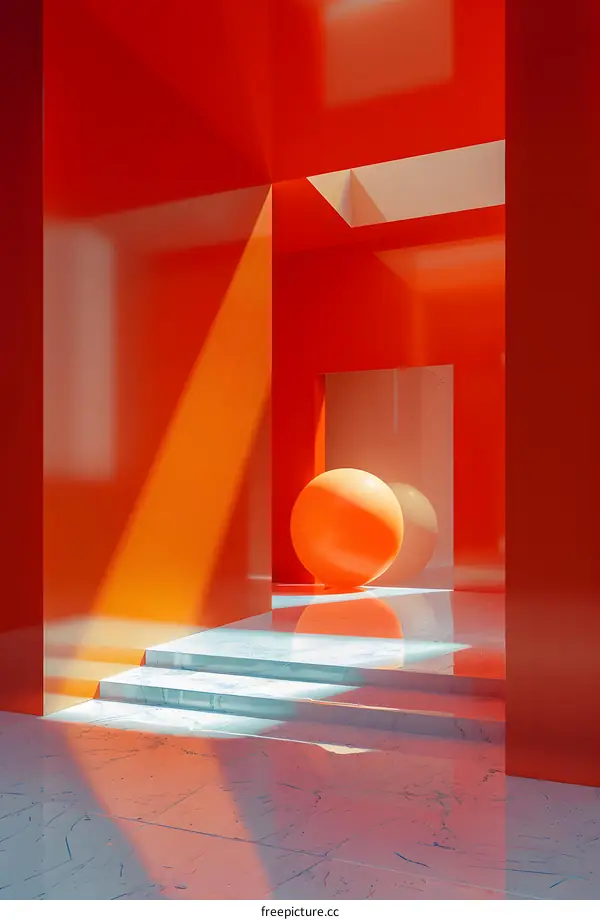 3D rendering of an orange room with a large orange sphere