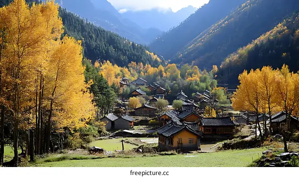 Autumnal Village Nestled in a Mountain Valley