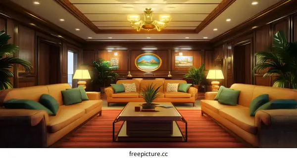 Luxury Living Room Interior Design with Wooden Walls and Golden Chandelier