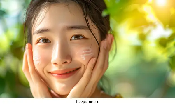 Asian Woman Applying Sunscreen On Face In Summer