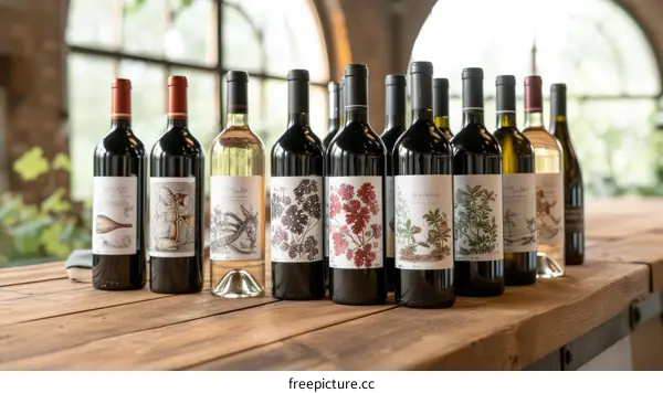 Different bottles of red and white wine on a wooden table