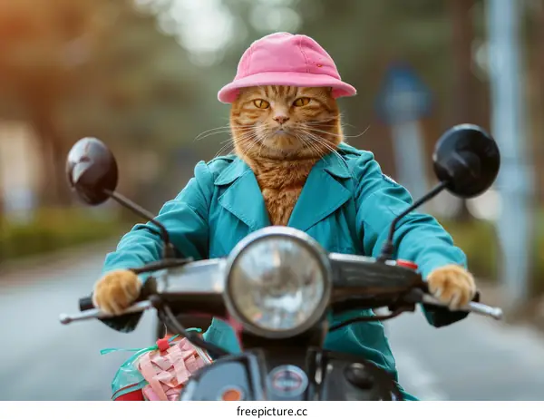 Ginger Cat in Hat and Coat Riding Motorcycle