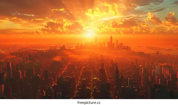 Fiery Sunset Over Futuristic Metropolis