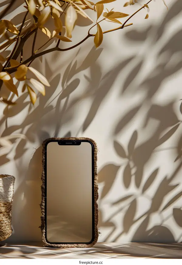 Phone With Rope Case and Shadow of Leaves