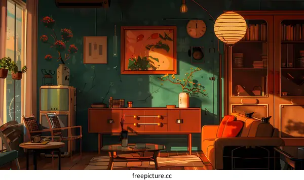 Cozy Living Room with Vintage Furniture and Warm Lighting