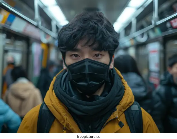 Portrait of a young Asian man wearing a mask on a subway train