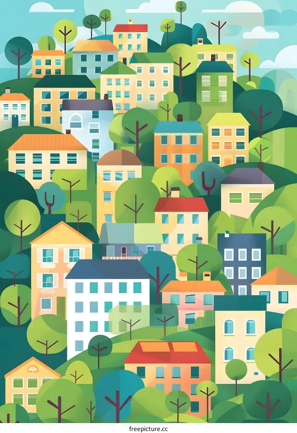 Colorful Illustration of a Small Town with Houses and Trees
