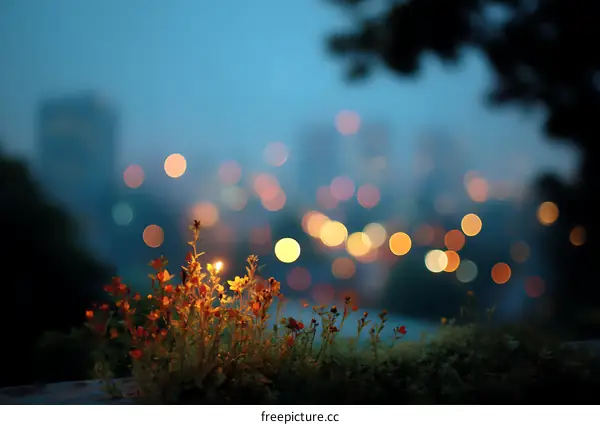 Evening City Lights and Flowers