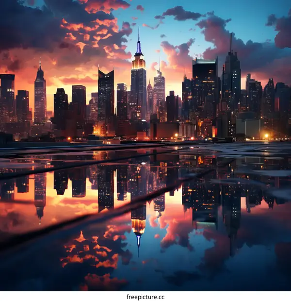 A cityscape of New York City with a reflection on the ground