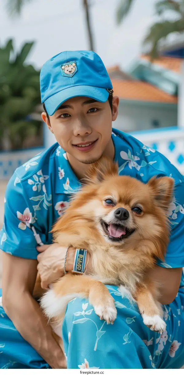 Asian man smiling while hugging a Pomeranian dog