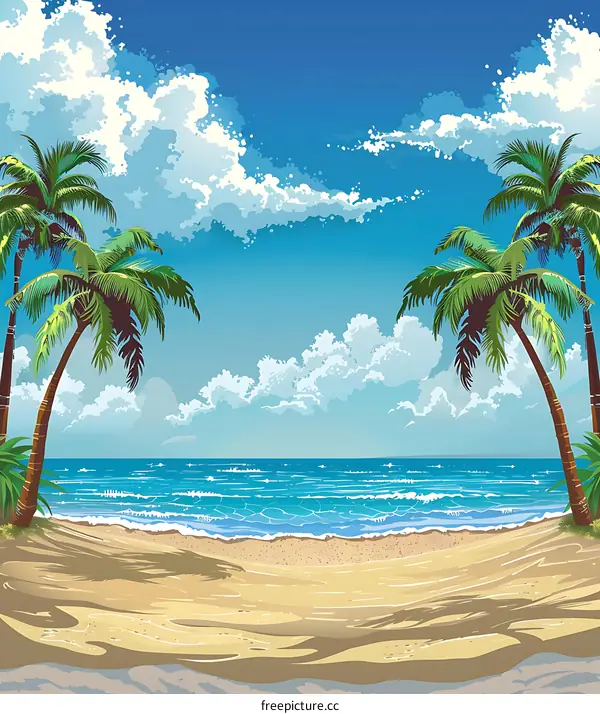 Tropical Beach Landscape with Palm Trees and Ocean