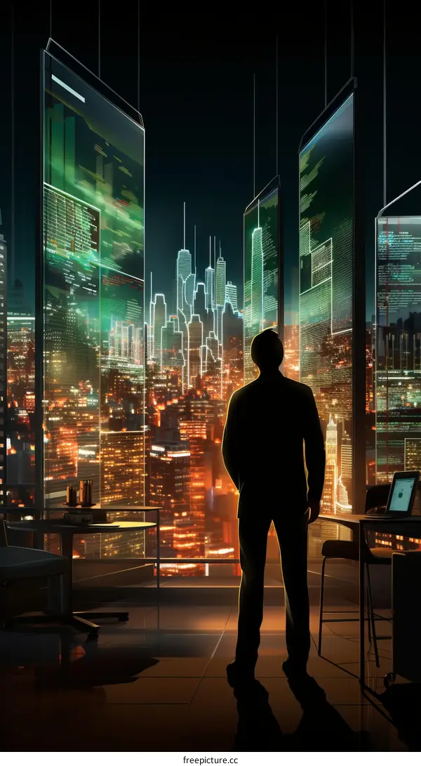 A businessman looking out at the city from his office window at night