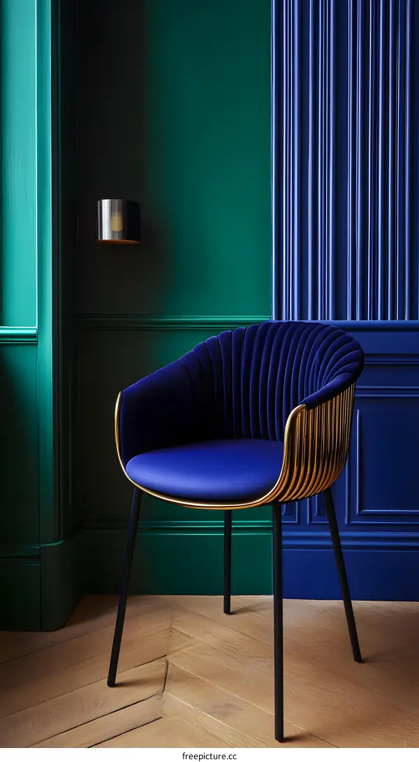 Blue Velvet Chair Against Green and Blue Wall