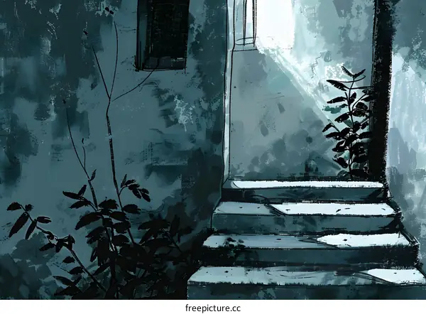 Dark Blue Abstract Building Painting