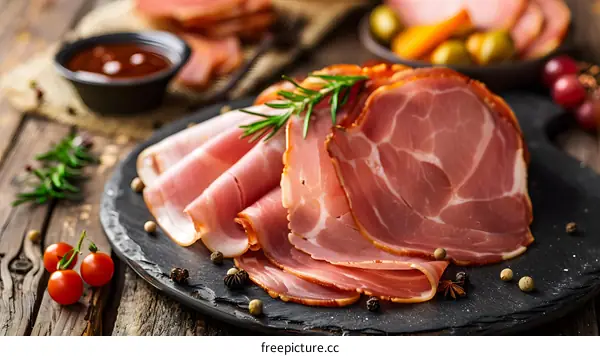 Close up of Sliced Ham on Black Plate