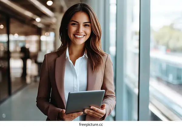 Businesswoman Holding Tablet in Modern Office