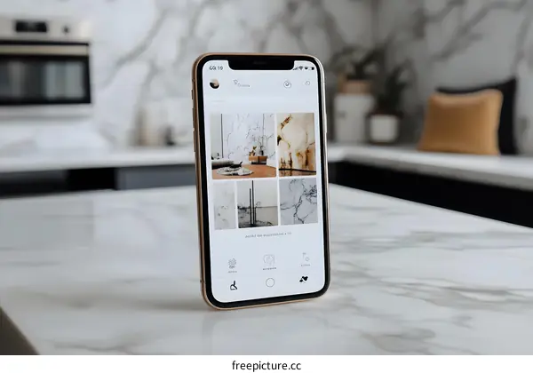 Gold Smartphone on White Marble Surface Showing a Marble Design App