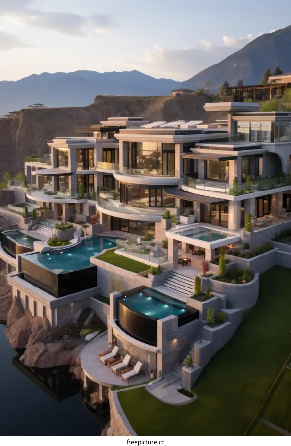 A stunning modern mansion with a pool and a view of the mountains