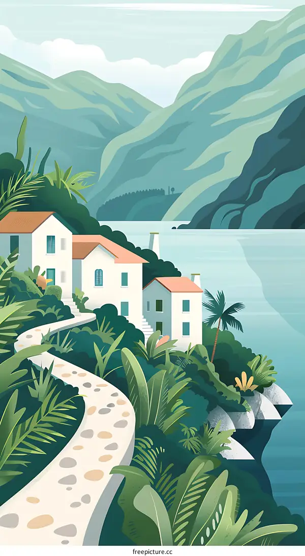 Mountain View Landscape With White Houses And Stone Path