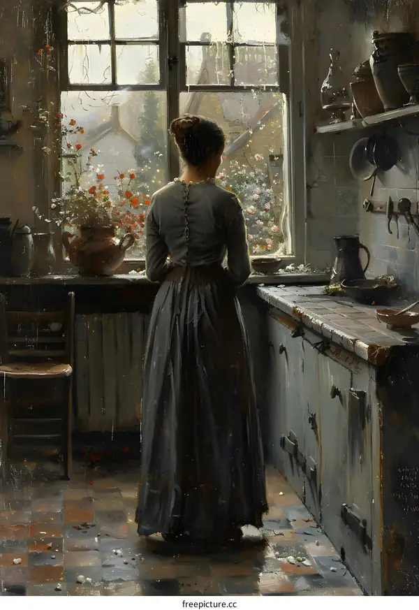 A woman standing in a kitchen looking out the window