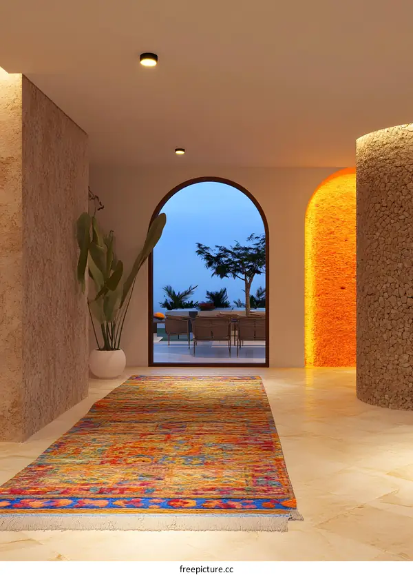 Modern Interior Design With Arched Entryway And View Of Outdoor Patio