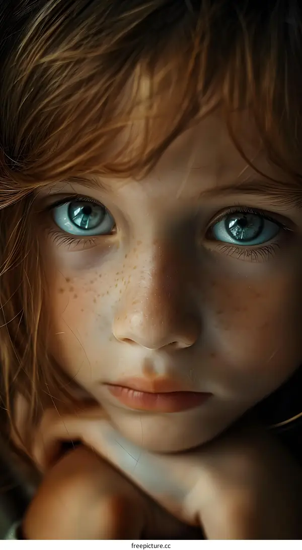 Portrait of a young girl with freckles and blue eyes
