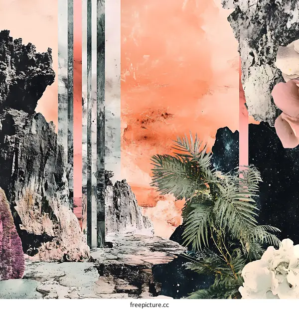 Abstract Collage with Palm Tree and Mountains