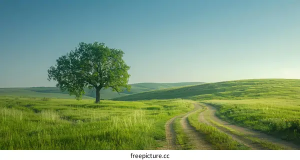 Solitary Oak Tree in a Lush Green Meadow