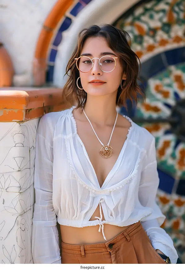 Woman in White Blouse with Glasses and Necklace