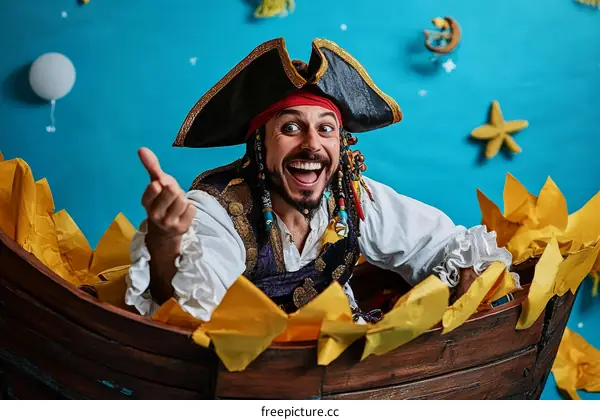 Pirate Man in a Wooden Boat with Decorations
