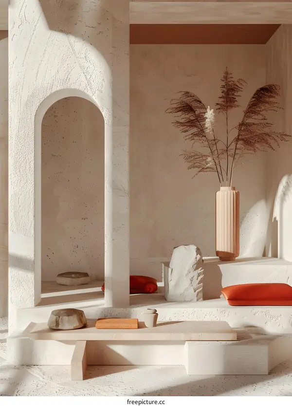 Minimalist Interior Design with Archway and Stone Vase