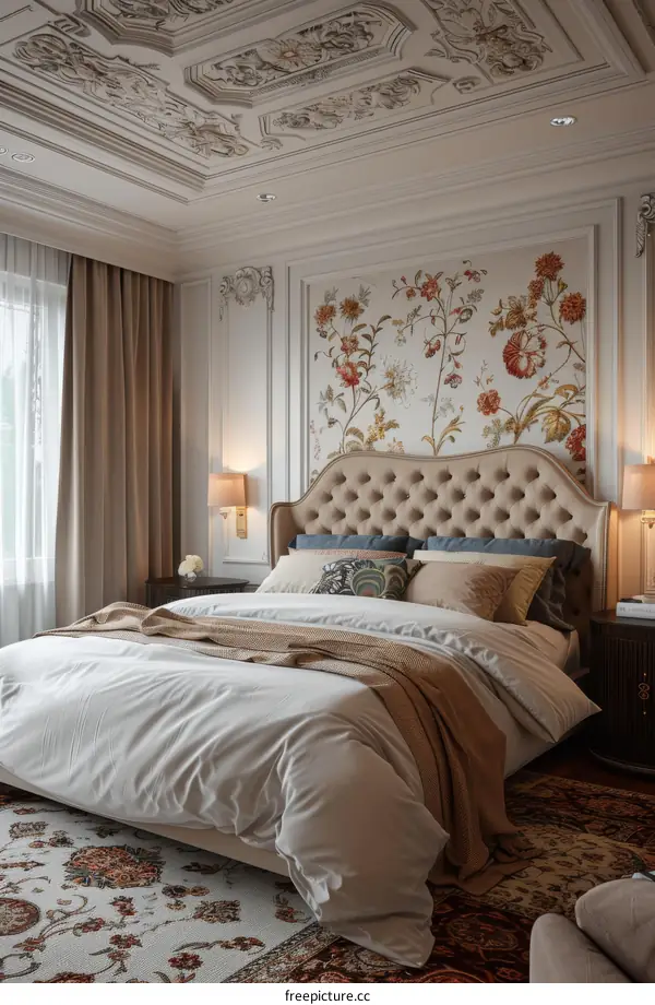 Luxury Bedroom Interior Design with Ornate Ceiling and Floral Wallpaper